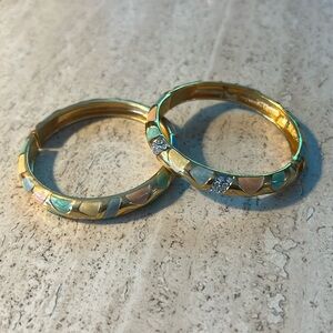 Joan Rivers pair of hinged bangles rhinestone pink gray green enamel, gold toned